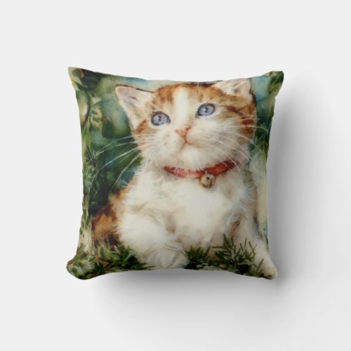 Fluffy christmas cat Watercolor Throw Pillow