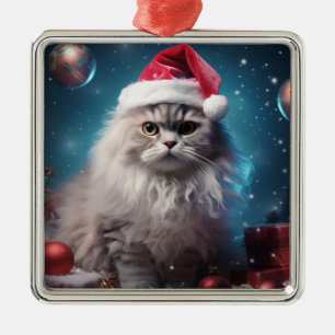 FLUFFY CHRISTMAS HOLIDAY SILVER PERSIAN CAT METAL ORNAMENT