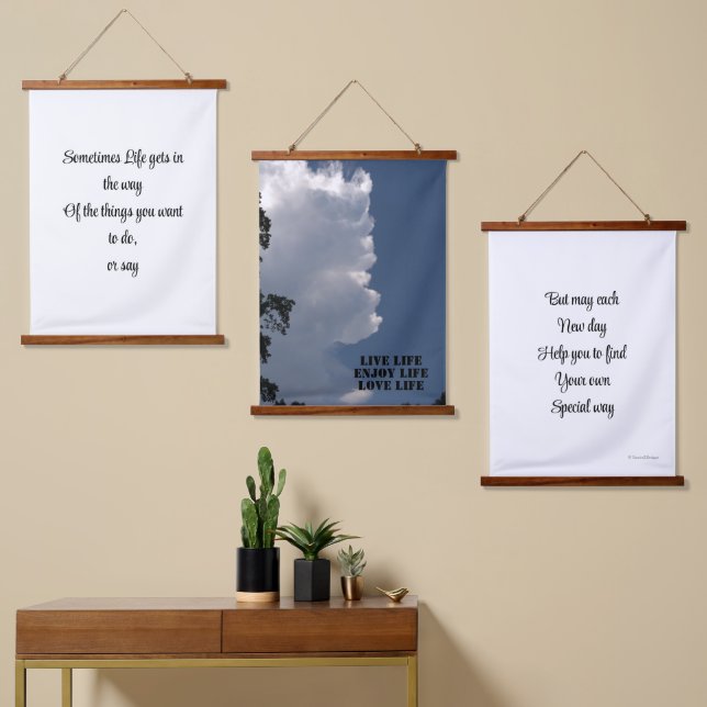 Fluffy Clouds Blue Sky Live Life Poem  Hanging Tapestry (Asymmetrical)