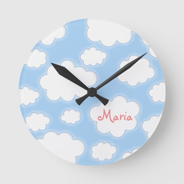 Fluffy Clouds Custom Name Personalized Round Clock (Front)