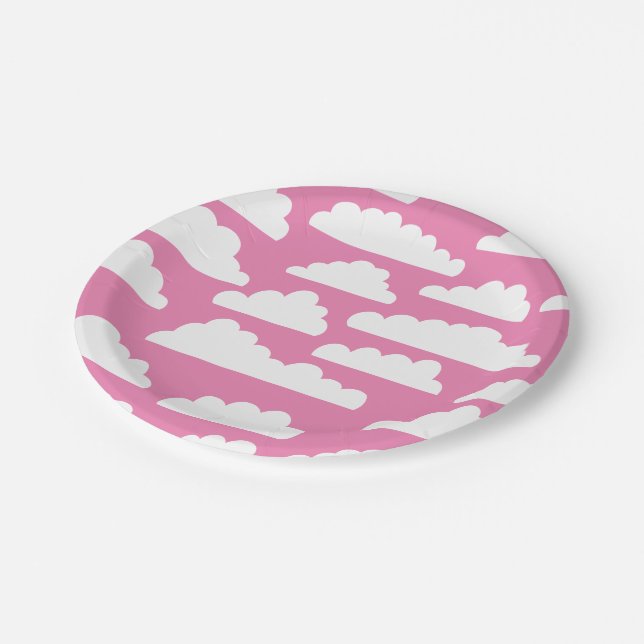 Fluffy Clouds Pattern - White on Pink ef84b4 Paper Plates (Angled)