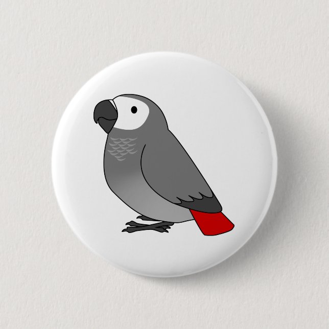 Fluffy congo african grey parrot cartoon drawing button (Front)