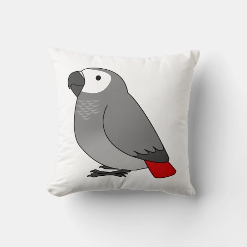 Fluffy congo african grey parrot cartoon drawing throw pillow