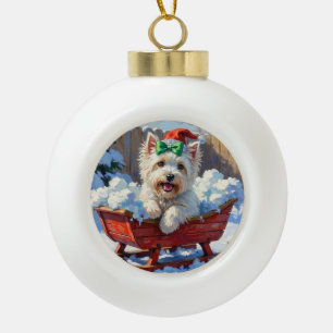 Fluffy Coton de Tulear Dog Vintage Christmas Sled Ceramic Ball Christmas Ornament