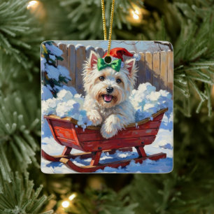Fluffy Coton de Tulear Dog Vintage Christmas Sled Ceramic Ornament
