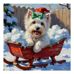 Fluffy Coton de Tulear Dog Vintage Christmas Sled Poster