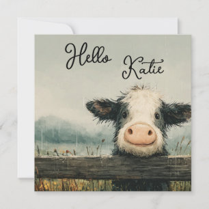 Fluffy Cow Peeking Over a Fence in the Rain Holiday Card