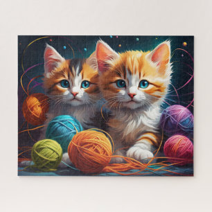 Fluffy cute calico Kittens, Colorful Yarn, Space Jigsaw Puzzle