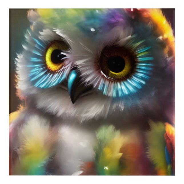 Fluffy Cute Colorful Owl Acrylic Print (Front)