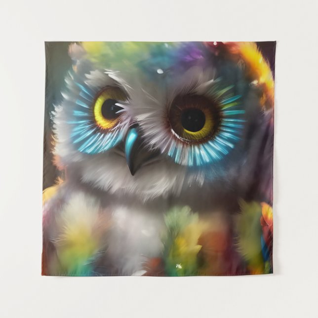 Fluffy Cute Colorful Owl Tapestry (Front)