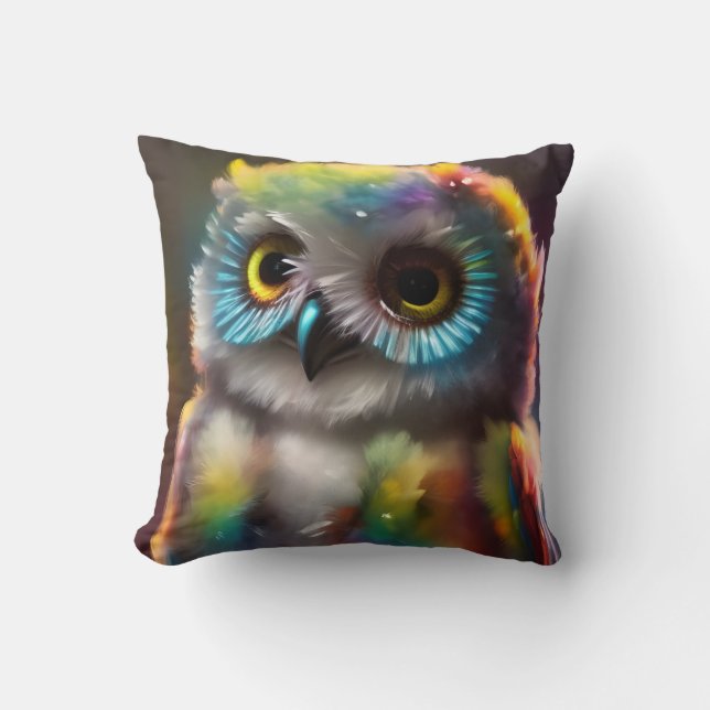 Fluffy Cute Colorful Owl Throw Pillow (Front)
