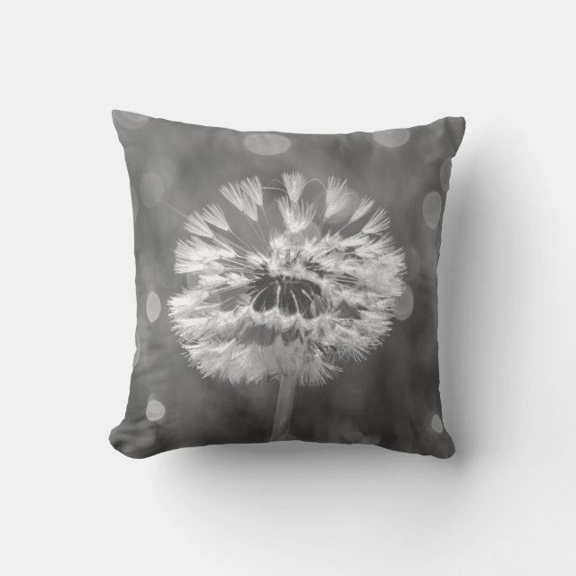 Fluffy Dandelion Black and White Flower Outdoor Pillow (Front)