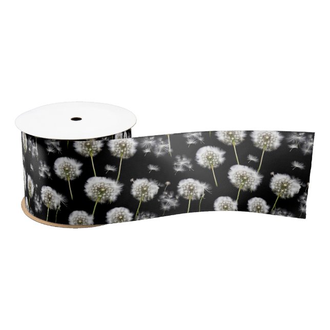 Fluffy Dandelions On Black Satin Ribbon (Spool)