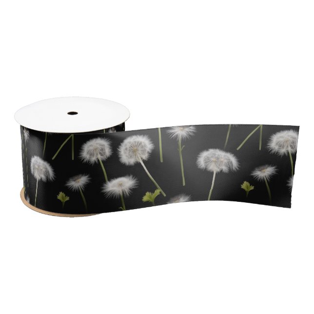Fluffy Dandelions On Black Satin Ribbon (Spool)