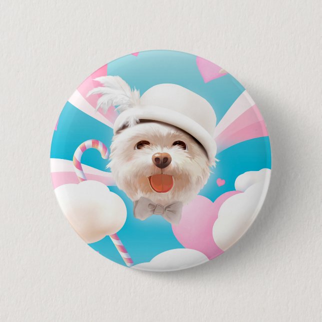 Fluffy Dog with White Hat Button (Front)