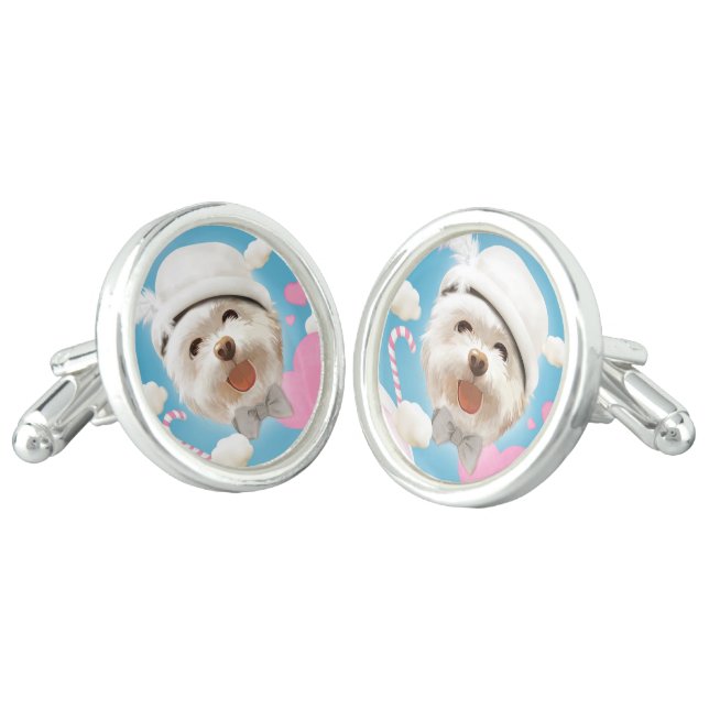 Fluffy Dog with White Hat Cufflinks (Angled)