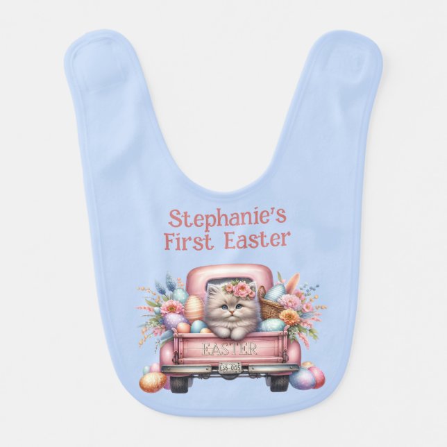 Fluffy Easter Kitten in Truck - Flowers and Eggs Baby Bib (Front)