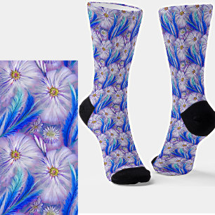 Fluffy Feminine White Flowers & Blue Feathers Socks