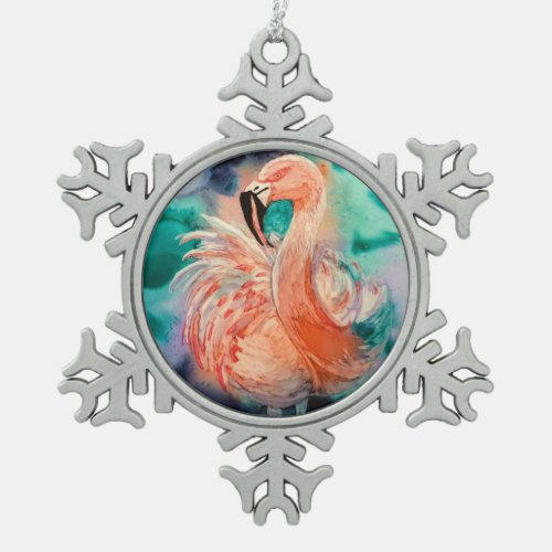 Fluffy Flamingo Snowflake Pewter Christmas Ornament