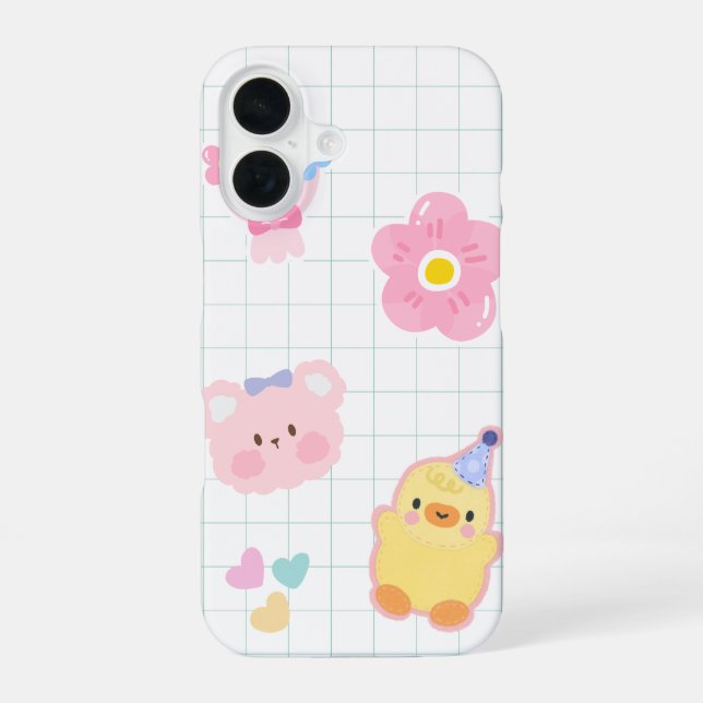 Fluffy Friends – Duck, Bear & Blooms iPhone Case (Back)