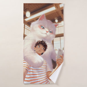 Fluffy Giant: White Cat Selfie at Retro Cafe Bath Towel Set
