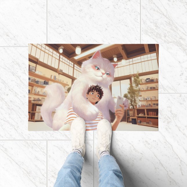 Fluffy Giant: White Cat Selfie at Retro Cafe Doormat (Indoor)