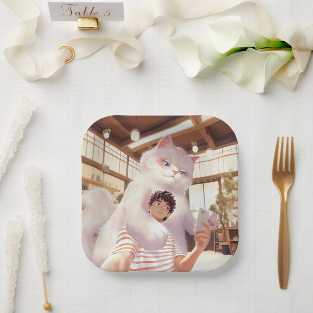 Fluffy Giant: White Cat Selfie at Retro Cafe Paper Plates (Wedding)