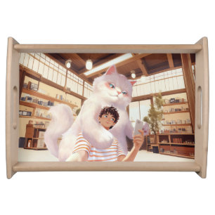 Fluffy Giant: White Cat Selfie at Retro Cafe Serving Tray