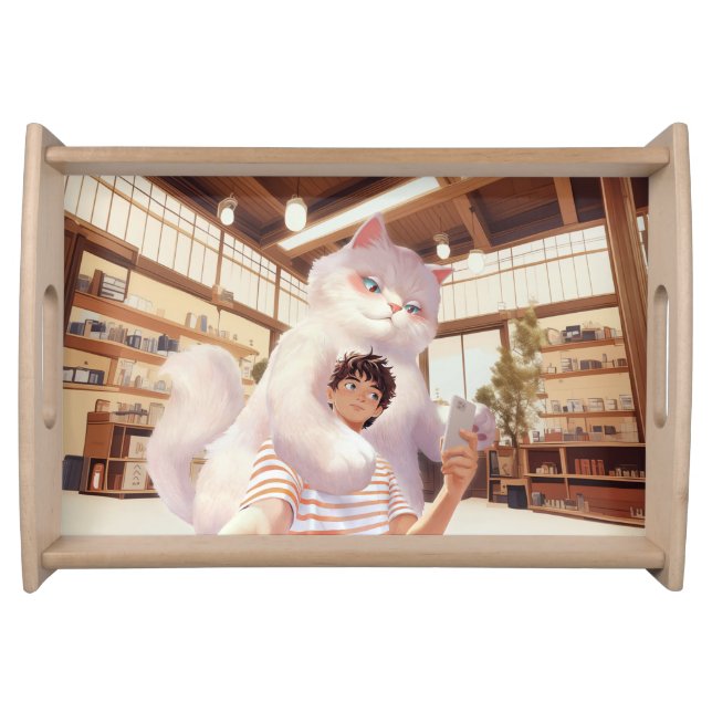 Fluffy Giant: White Cat Selfie at Retro Cafe Serving Tray (Front)