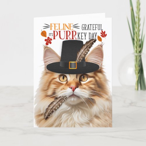 Fluffy Ginger Tabby Cat Grateful for PURRkey Day Holiday Card