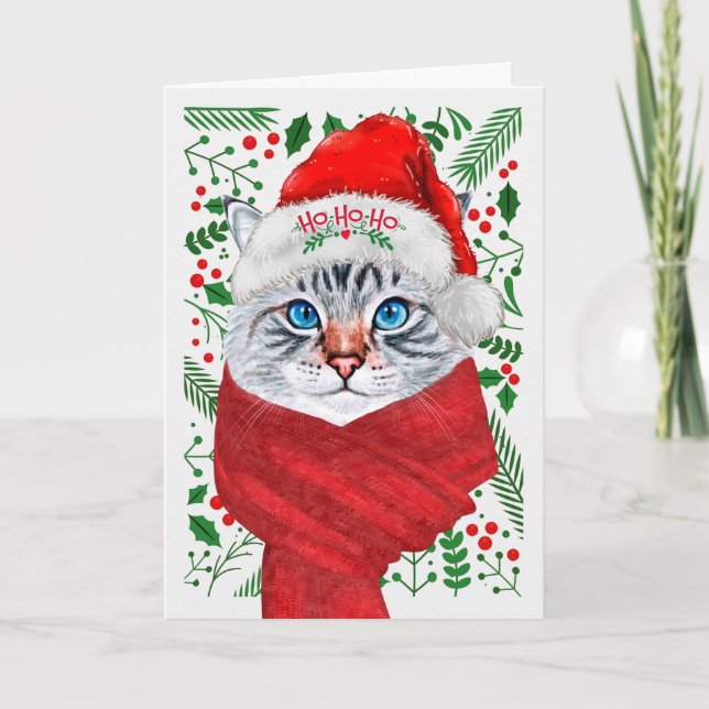 Fluffy Gray Cat in a Santa Hat Meowy Christmas Holiday Card (Front)