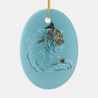 Fluffy Gray Cat on Blue Background Ceramic Ornament