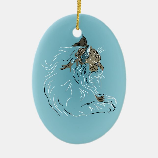 Fluffy Gray Cat on Blue Background Ceramic Ornament (Front)