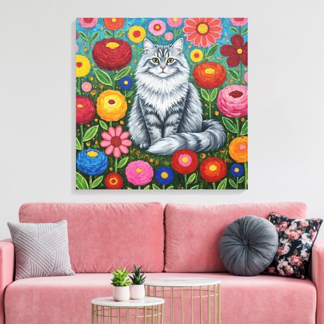 Fluffy Gray Striped Cat with Folk Art Flowers Canvas Print (Insitu(LivingRoom))