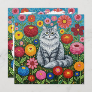 Fluffy Gray Striped Cat with Folk Art Flowers Card