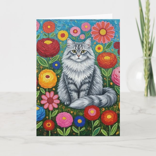 Fluffy Gray Striped Cat with Folk Art Flowers Card (Front)