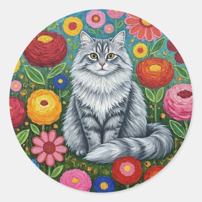 Fluffy Gray Striped Cat with Folk Art Flowers Classic Round Sticker (Front)