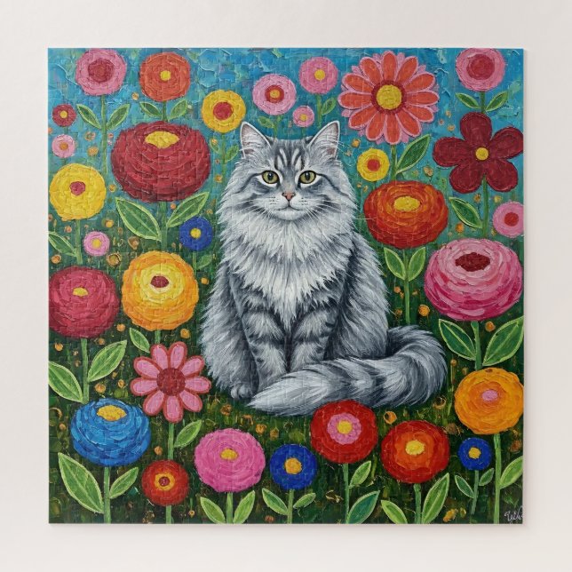 Fluffy Gray Striped Cat with Folk Art Flowers Jigsaw Puzzle (Vertical)