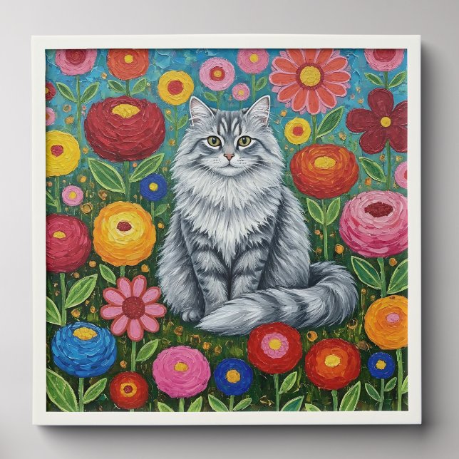 Fluffy Gray Striped Cat with Folk Art Flowers Peel And Stick Photo Tile (Front Set)