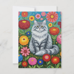 Fluffy Gray Striped Cat with Folk Art Flowers Postcard
