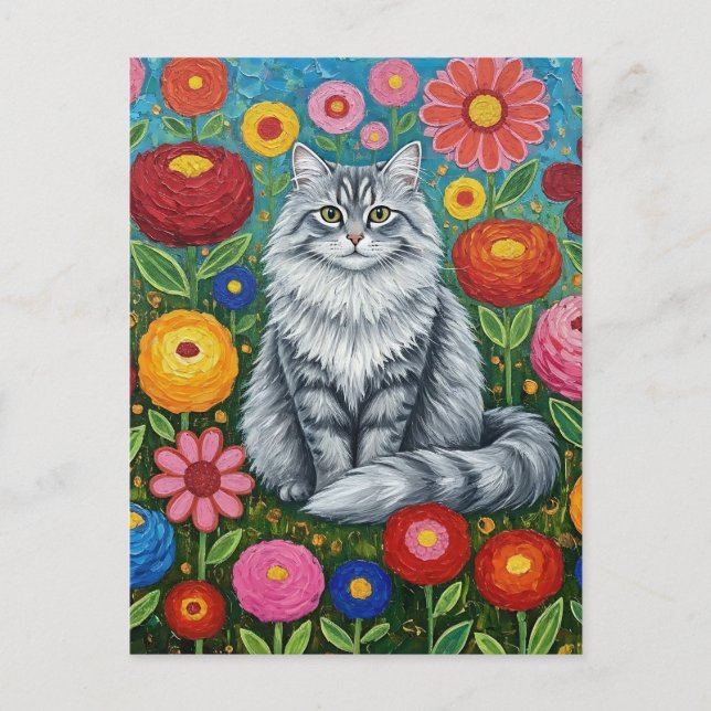 Fluffy Gray Striped Cat with Folk Art Flowers Postcard (Front)