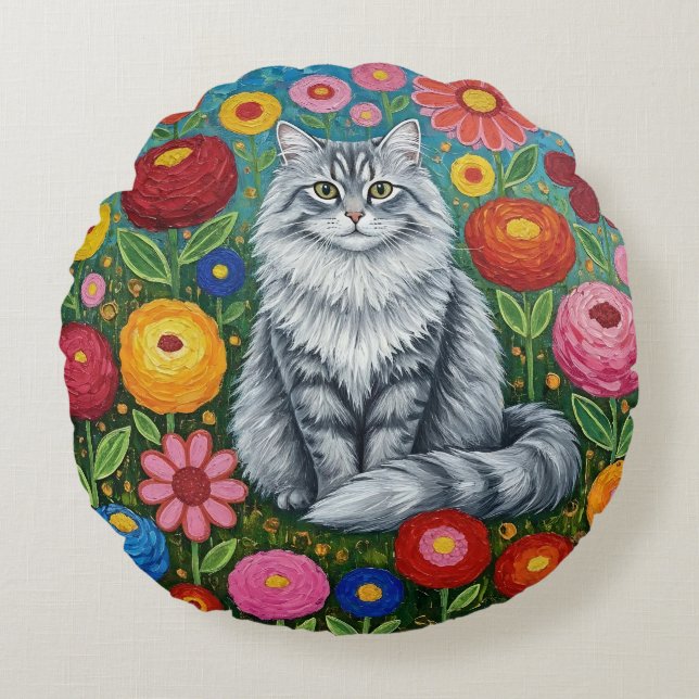 Fluffy Gray Striped Cat with Folk Art Flowers Round Pillow (Front)