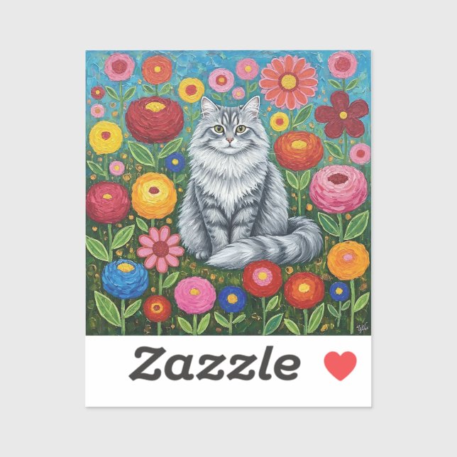 Fluffy Gray Striped Cat with Folk Art Flowers Sticker (Sheet)