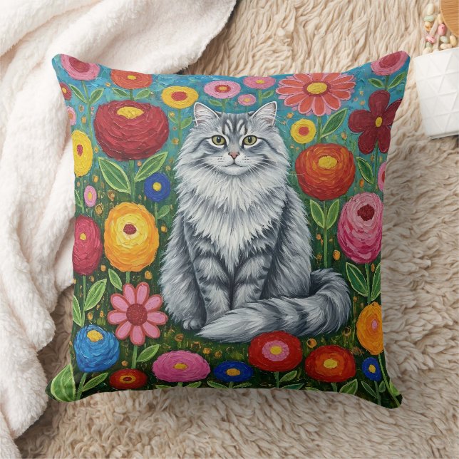 Fluffy Gray Striped Cat with Folk Art Flowers Throw Pillow (Blanket)