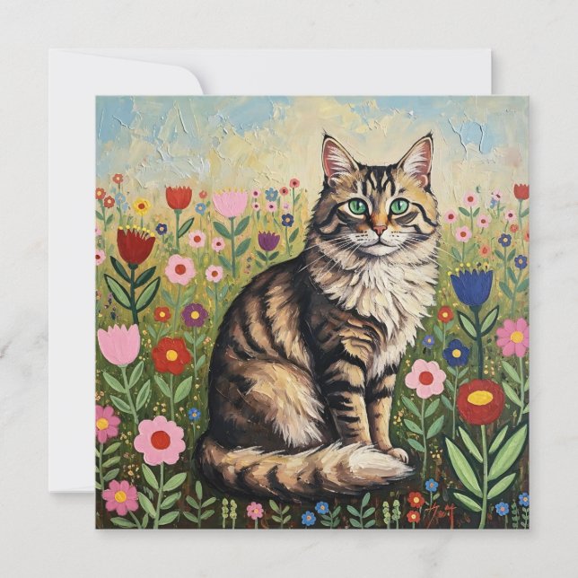 Fluffy Gray Tabby Cat and Folk Art Flowers (Front)
