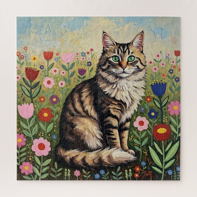 Fluffy Gray Tabby Cat and Folk Art Flowers Jigsaw Puzzle (Vertical)