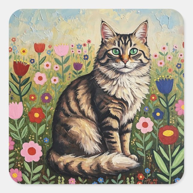 Fluffy Gray Tabby Cat and Folk Art Flowers Square Sticker (Front)