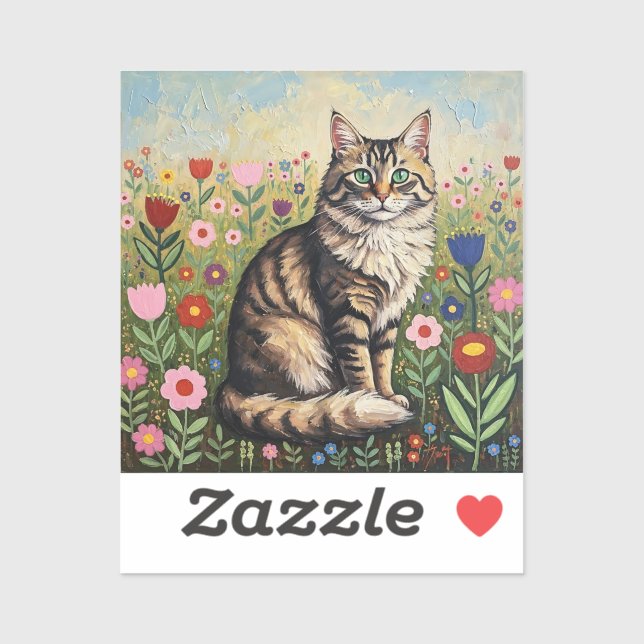 Fluffy Gray Tabby Cat and Folk Art Flowers Sticker (Sheet)