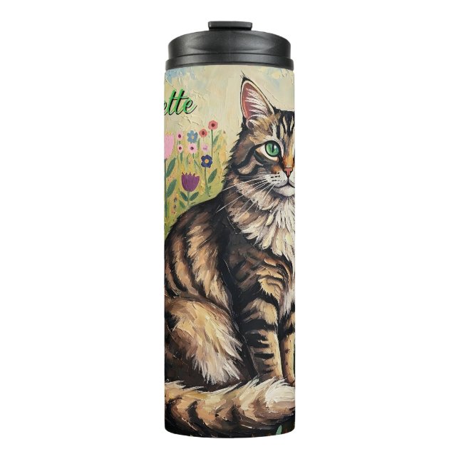 Fluffy Gray Tabby Cat and Folk Art Flowers Thermal Tumbler (Front)