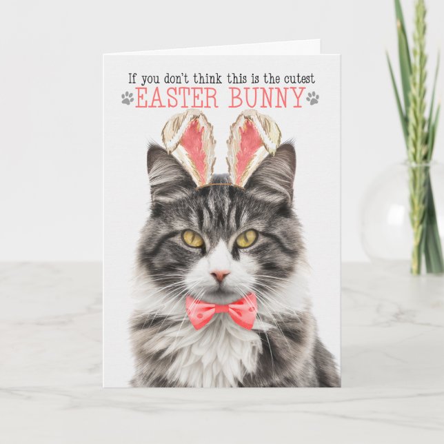 Fluffy Gray Tabby Cat in Bunny Ears for Easter Holiday Card (Front)